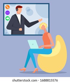 Woman sit and work on laptop, cozy workplace at office. Conversation between manager or assistant and boss by internet call. Company meeting or appointment. Vector illustration in flat style