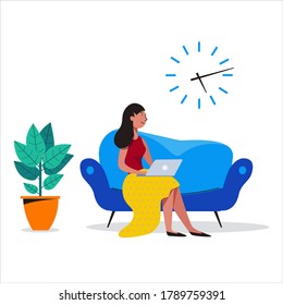 Woman sit and working in friendly open space workplace. Coworking, freelance, teamwork, communication, interaction, idea, independent activity concept. Vector illustration on white background