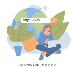 Woman with site searches. Young girl surfing Internet. Webpage with internet pages. Infoormation and knowledge online. Flat vector illustration isolated on white background