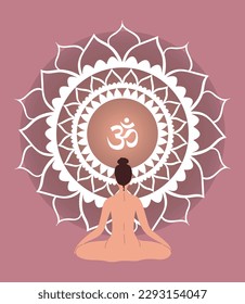 Woman siting in lotus position and meditating on white mandala with om symbol. Vector illustration for spiritual enrichment and yoga practice.