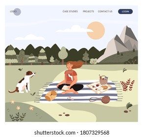 Woman siting on a blanket and reading book with mountain landscape on background. Summer outdoor picnic concept illustration. Vector web site design template. Weekend and vacation, outdoor travel