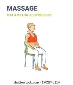 Woman siting on chair on an acupressure mat and pillow. Colorful concept of a girl relaxing at home on massage mat in sportswear top and leggings using chair.