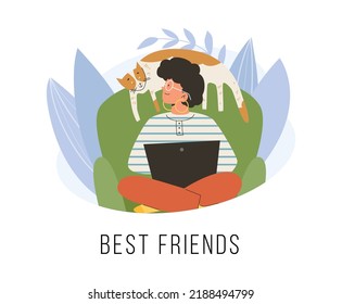 Woman sits in armchair with laptop and cute cat above her head, flat vector illustration on white background. Best friends inscription text. Concept of home office or pet friendly office.