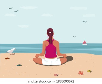 A woman sits in an asana pose and meditates while looking at the ocean.   Summer seascape. Beach yoga while relaxing and traveling. Vector cartoon design. 