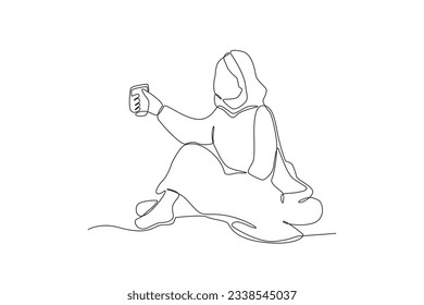 A woman sits begging for money. Homeless one-line drawing