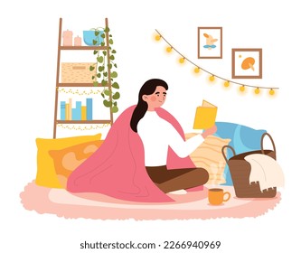 Woman sits with blanket and reads. Young girl resting in comfortable and cozy apartment. Love for literature and useful hobby, leisure.