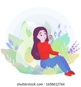 
woman sits and blows soap bubbles on March 8th