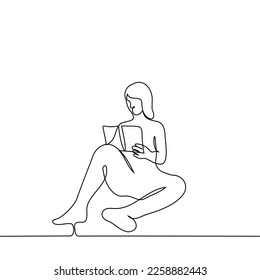 woman sits with a book on the floor or on the ground - one line drawing vector. the concept of reading a paper book, leisure or hobby, book lover or student studying from a textbook