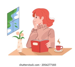 A woman sits by the window in a cafe, reads a book and drinks coffee. Book reading, rest concept vector illustration.