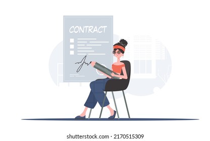 A woman sits in a chair to put her signature on a cooperation document. Partnership. Element for presentation. Vector illustration