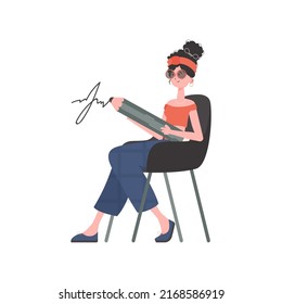 A woman sits in a chair and signs. Isolated. Element for presentation. Vector illustration