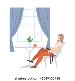 Woman sits in a chair at a table in a cafe. Vector illustration.