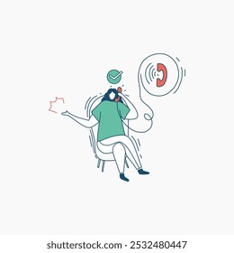 A woman sits in a chair, talking on the phone with a checkmark above her head, symbolizing a successful call.