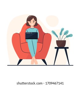 A woman sits in a chair and works on a laptop. Work at home. Home office. Freelance or studying concept. Vector illustration in flat style.