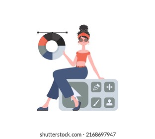 A woman sits with a color wheel in her hands. Isolated. Element for presentation. Vector illustration