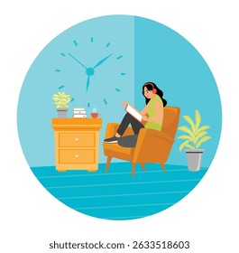 A woman sits in a comfortable chair while playing on a tablet, with headphones. surrounded by a cozy interior atmosphere, and a cup of hot drink. Spending weekend at home concept.