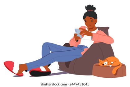 Woman Sits Comfortably In An Armchair, Engrossed In Her Mobile Device, Browsing And Shopping With Focused Attention. Black Young Female Character Using Gadget. Cartoon People Vector Illustration