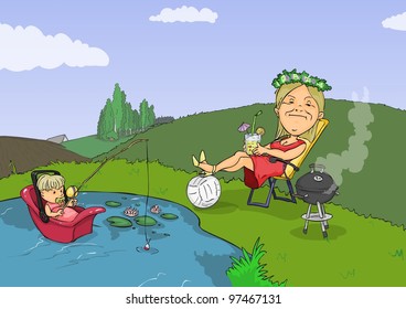 Woman sits comfortably in a chair by the pond