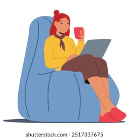 Woman Sits Comfortably On A Chair Holding A Coffee Mug While Working On A Laptop. The Scene Evokes Relaxation, Productivity, And The Balance Of Work And Comfort. Cartoon People Vector Illustration