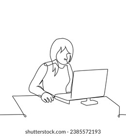 woman sits at a computer with a mouse in her hand - one line art vector. concept of white collar worker at work, working in the office or from home