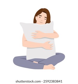 Woman sits cross legged, gently embracing a white pillow with a peaceful expression on her face. Flat vector illustration isolated on white background