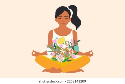 A woman sits cross legged and meditates. Meditation and yoga. Happy Women's Day greeting card for spring holiday. Vector.