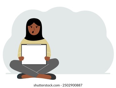 A woman sits crossing his legs and holds a clipboard with a white read sheet for the text in his hands.