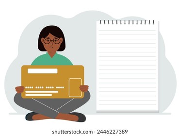 A woman sits cross-legged in his hands holding a large credit card next to a close-up notepad for text. Concept of credit card, expense planning, income planning. Vector flat illustration