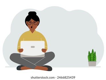 A woman sits cross-legged in his hands holding a laptop. The concept of work, education, reading, watching videos. Vector flat illustration