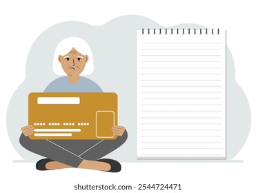 A woman sits cross-legged in his hands holding a large credit card next to a close-up notepad for text. Concept of credit card, expense planning, income planning.