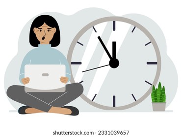 A woman sits cross-legged and holds a laptop. Next to the big clock. Time management concept, little time, much time, deadline. Vector flat illustration