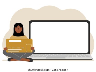 A woman sits cross-legged and holds a large plastic card. Next to the woman is a large laptop with space for text. Vector flat illustration