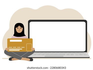 A woman sits cross-legged and holds a large plastic card. Next to the woman is a large laptop with space for text. Vector flat illustration