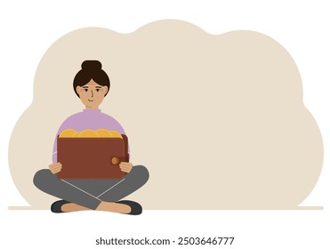 A woman sits cross-legged and holds a large purse of coins. The concept of a savings wallet, a successful loan, golden earnings with metal money in the currency.