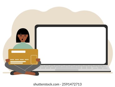 A woman sits cross-legged and holds a large plastic card. Next to the woman is a large laptop with space for text. Vector flat illustration