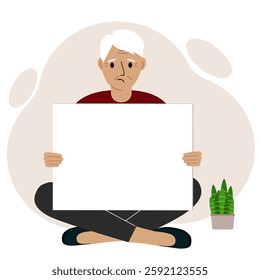 A woman sits cross-legged and holds a large purse of coins. The concept of a savings wallet, a successful loan, golden earnings with metal money in the currency. Vector flat illustration