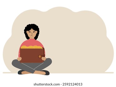 A woman sits cross-legged and holds a large purse of coins. The concept of a savings wallet, a successful loan, golden earnings with metal money in the currency. Vector flat illustration