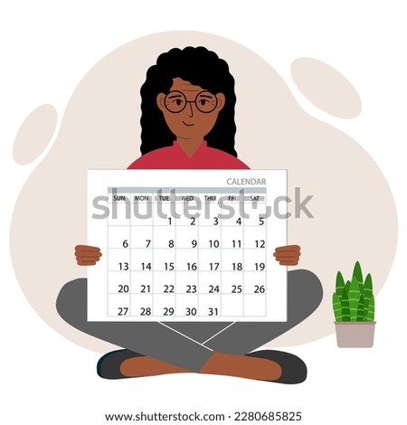 A woman sits cross-legged and holds a large calendar glider in his hands. Concept of planning, make plans, schedule, event. Vector flat illustration Foto d'archivio © 