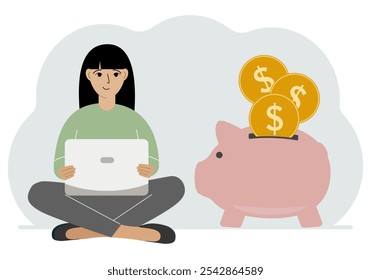 A woman sits cross-legged with a laptop next to a pig piggy bank. Earning money, saving, saving money. Vector flat illustration