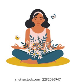 A woman sits cross-legged and meditates. From her inner peace and harmony, flowers bloom and butterflies fly. Vector.