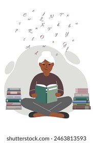 A woman sits cross-legged and reads a book, there are many books around him. Vector flat illustration