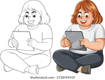 Una mujer se sienta con las piernas cruzadas usando una tableta tanto en el arte de línea como en los estilos de Vector de colores