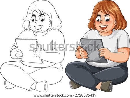 A woman sits cross-legged using a tablet in both line art and colored vector styles