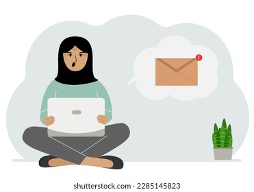 A woman sits cross-legged working with a laptop and opens an email. The concept of education, work, correspondence. Vector flat illustration