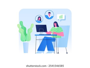 Una mujer se sienta en un escritorio trabajando en una computadora, con iconos de conversación flotando encima. Una planta añade un toque de naturaleza. Ilustración vectorial