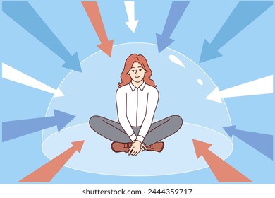 Woman sits in dome protecting from external negative influences, for concept of good mental health. Metaphor of invisible immunity protecting against harmful unwanted interference in personal space