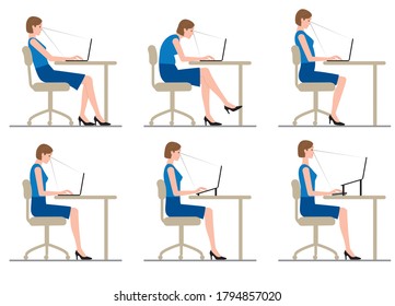 A Woman Sits Down And Works At A Laptop. Posture.