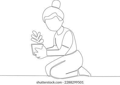 A woman sits with a flower in a pot. World environment day one-line drawing