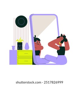 La mujer se sienta frente a un Grande espejo ajustando su cabello, simbolizando la belleza, el cuidado personal y el aseo personal. Ilustración vectorial plana, aislada sobre un fondo blanco.