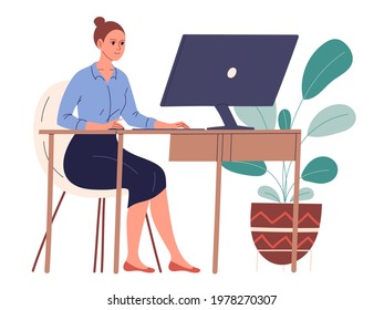Woman sits at her desk in her workplace and works